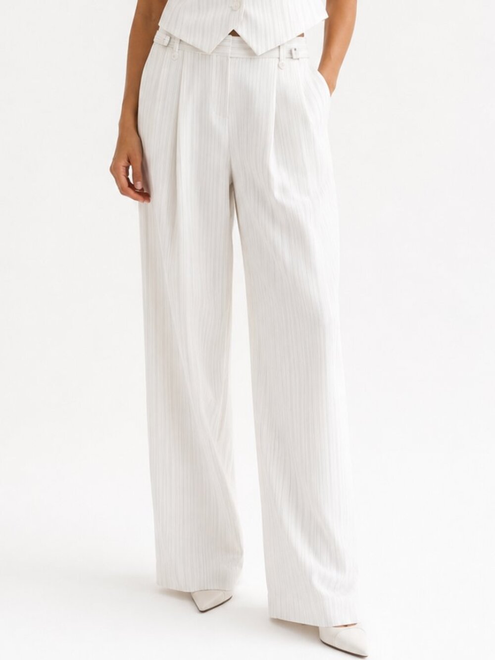 SISLEY WHITE GREY STRIPED STRAIGHT LEG MID RISE FORMAL TROUSER PANTS - S